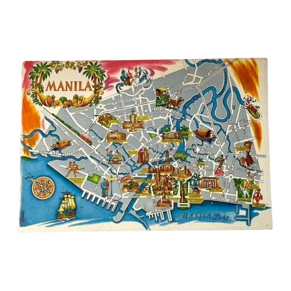 Vintage Manila Illustrated Map Postcard 1970s Souvenir Original - Picture 1 of 2